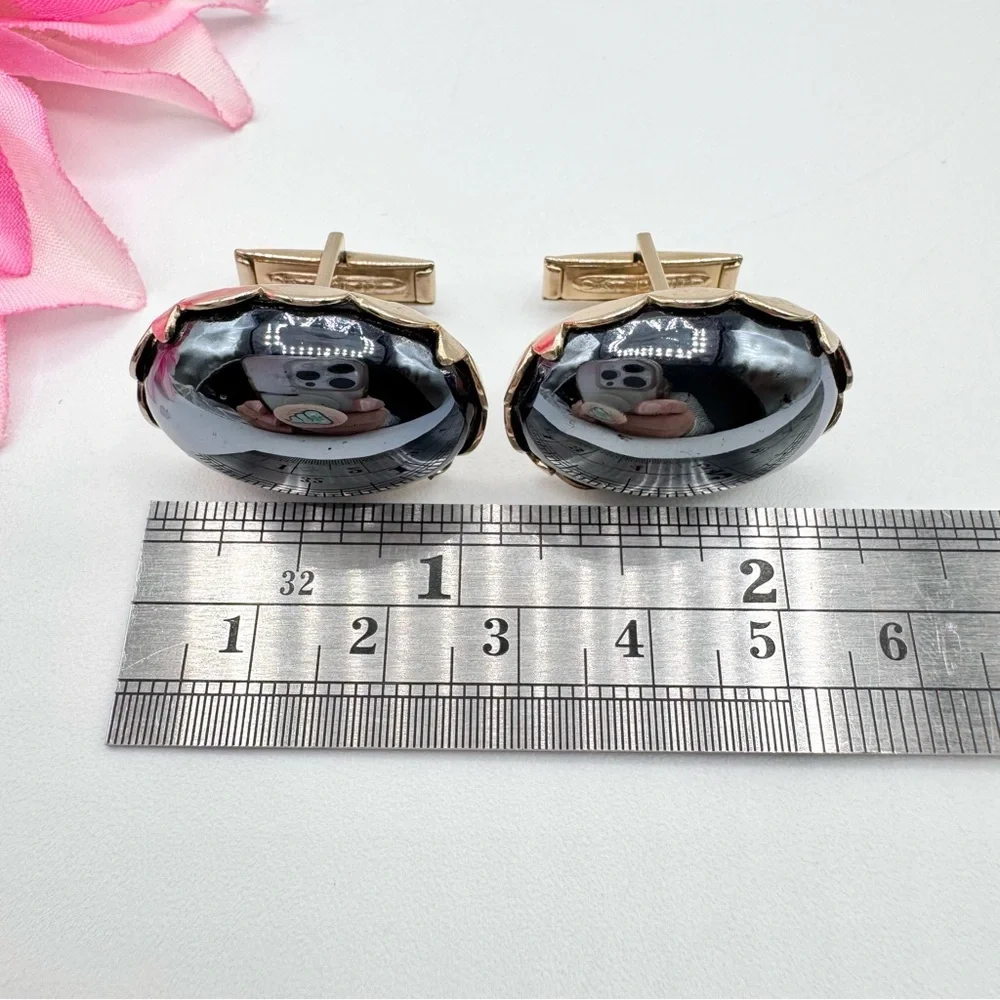 Vintage Hematite-Style Oval Cabochon Scalloped Bezel Men’s Cufflinks Oversized